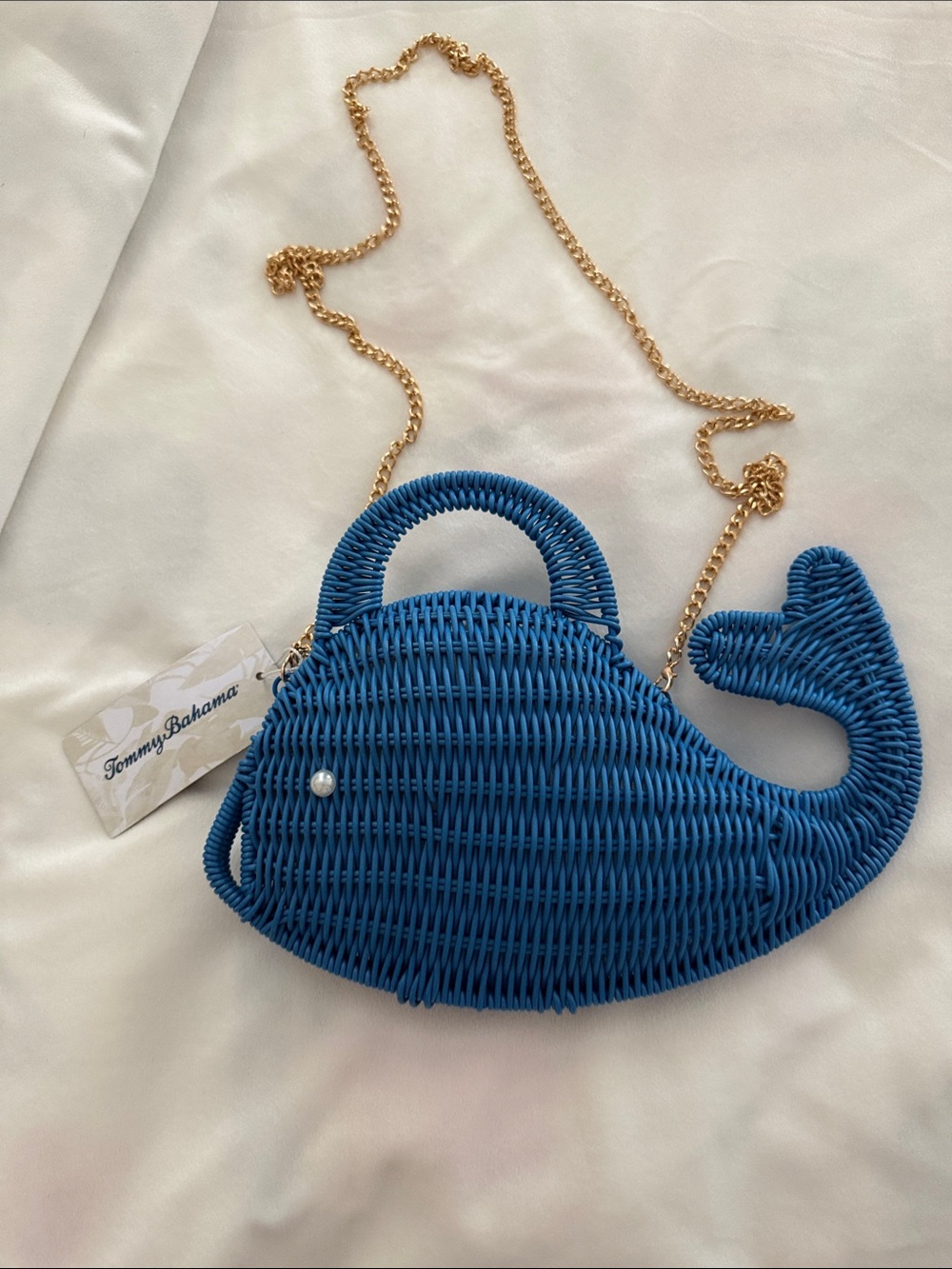 Tommy Bahama Blue Whale Wicker Crossbody with Gold Chain